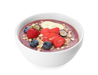 Delicious smoothie bowl with fresh berries, banana and granola on white background