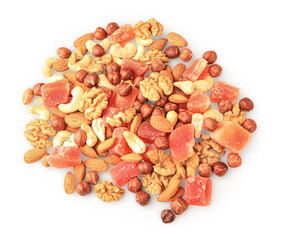 Different tasty nuts and dried papayas on beige background, flat lay