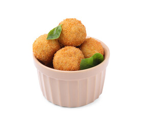 Bowl with delicious fried tofu balls and basil on white background