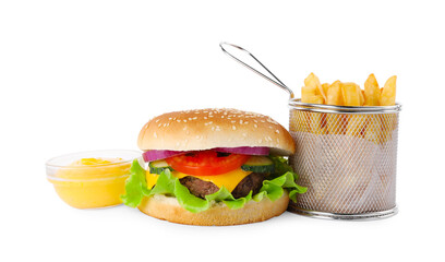 Delicious burger, cheese sauce and french fries on white background