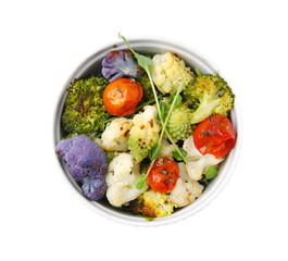 Delicious salad with cauliflower and tomato isolated on white, top view