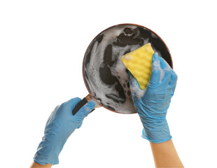 Woman washing dirty frying pan on white background, closeup