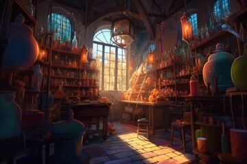 Fototapeta premium A wizarding laboratory filled with bubbling potions