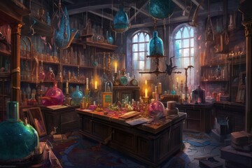 A wizarding laboratory filled with bubbling potions