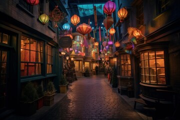 A wizarding alley filled with floating lanterns
