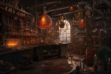 A wizarding laboratory filled with bubbling potions