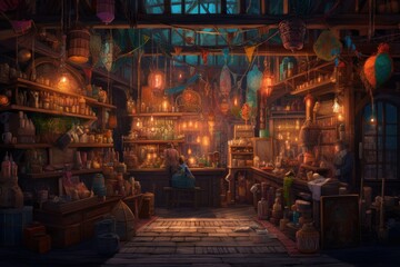 Fototapeta na wymiar A wizarding laboratory filled with bubbling potions