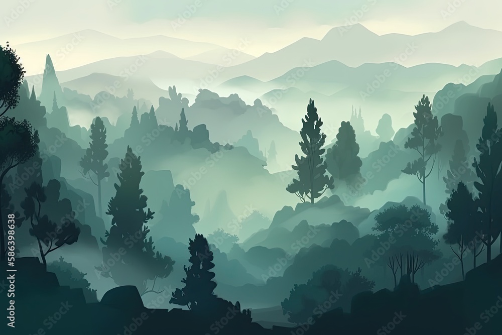 Poster lush forest with dense trees and foliage. generative ai