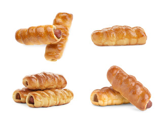 Collage of tasty sausages in dough on white background