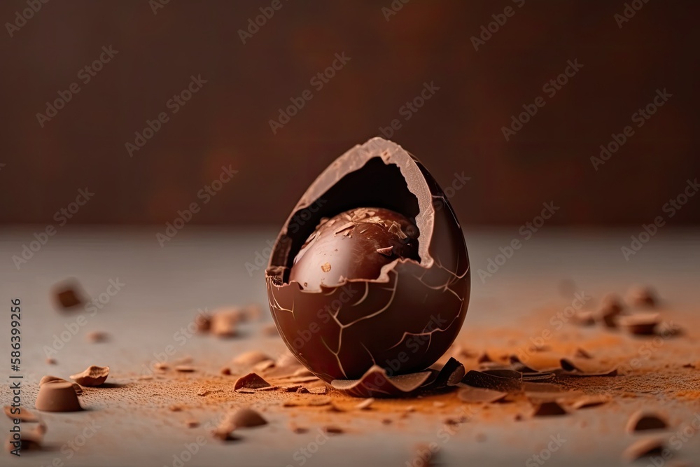 Poster broken egg shell on a rustic wooden table. Generative AI
