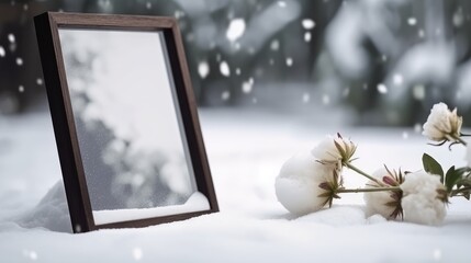 A mirror frame place on the middle of the snow forest with a beautiful white flower and a copy space,Snow falling in tne nature winter seasons, white flower in the snowy rain,snow forest mockup
