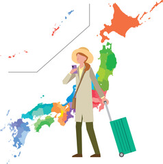 日本,国内,旅行,国内旅行,ジャパン,トラベル,ツアー,一人旅,観光,観光旅行,女性,イラスト,ベクター,地図,人物,旅,日本人,スーツケース,白バック,マップ,ツーリスト,観光客