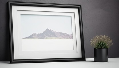 a photo frame mockup with a minimal grey and white tone with a small plant, Sad photo frame mood background, a grey wall white table, and a small plant.A picture frame with a minimal sad mood.