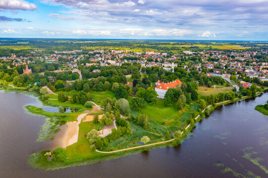 Aerial view of Birzai Castle in Lithuania