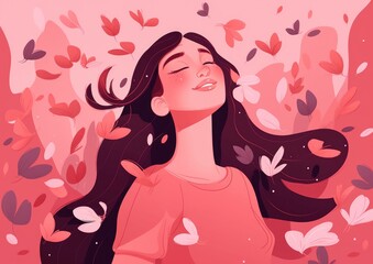 Obraz na płótnie Canvas Vector style illustration. Summer Girl with long beautiful flowing hair, Flower, petals. Generative ai. Pink Background