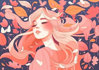 Vector style illustration. Summer Girl with long beautiful flowing hair, Flower, petals. Generative ai. Dark Background.