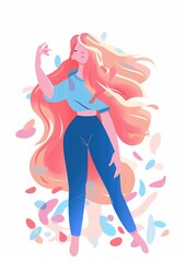 Obraz na płótnie Canvas Vector style illustration. Summer Redhead Girl with long beautiful flowing hair, Flower, petals. Generative ai.