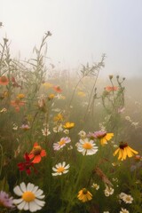 Fototapeta na wymiar A beautiful spring or summer meadow with wildflowers and a soft misty white sky with space for text. Generative AI. 