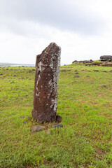 The Female Moai in Vinapu Archaeological Complex, Easter Island (Rapa Nui), Chile. It seems a column made of red scoria actually represents a singular feminine moai.