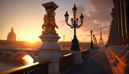 Ai Generated, ,Beautiful sunrise at the Pont Alexandre III and Les Invalides in Paris.