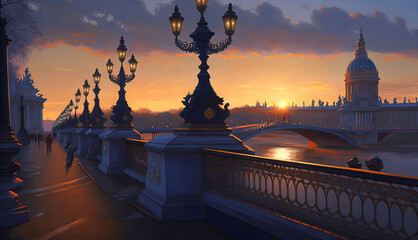 Ai Generated, ,Beautiful sunrise at the Pont Alexandre III and Les Invalides in Paris.