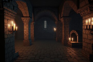 Castle dungeon interior. Ai. Stone brick walls and torches