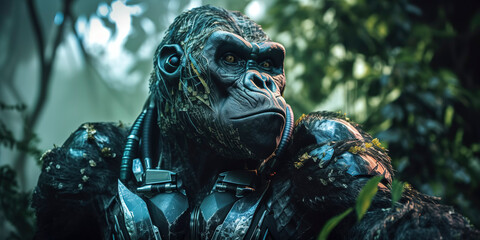 Powerful cyborg gorilla navigating through the dense jungle. Generative AI