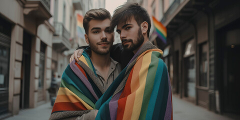 Fototapeta na wymiar Happy gay couple embracing and sharing a loving kiss on a city street. Generative AI