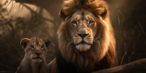 Front view of a big lion and its cub standing together.Generative AI