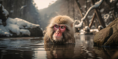 Japanese macaque partaking in grooming rituals by the well-known hot springs shore. Generative AI