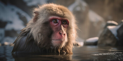 Japanese macaque indulging in grooming on the edges of the iconic hot springs. Generative AI