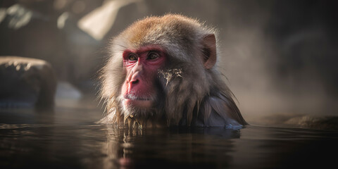 Japanese macaque grooming itself by the famous hot springs shoreline. Generative AI
