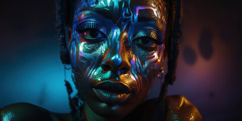 Black woman wrapped in shimmering neon sci-fi liquid glass, creating an otherworldly mask. Generative AI