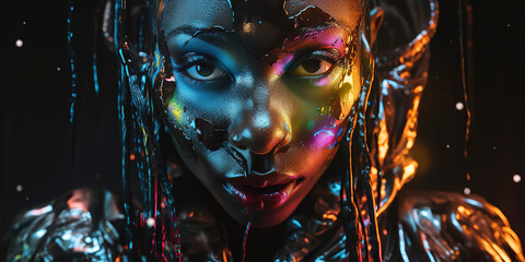 Striking editorial image of a black woman with neon, metallic sci-fi liquid glass mask. Generative AI