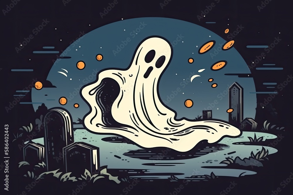 Poster ghostly figure hovering above a spooky graveyard. generative ai