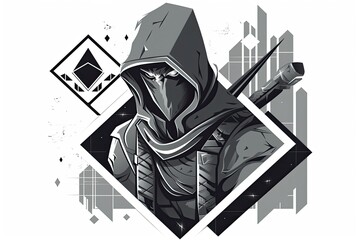 hooded figure wielding a sword in the dark. Generative AI