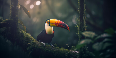 Eye-catching toucan surrounded by the vibrant colors of the jungle. Generative AI - obrazy, fototapety, plakaty