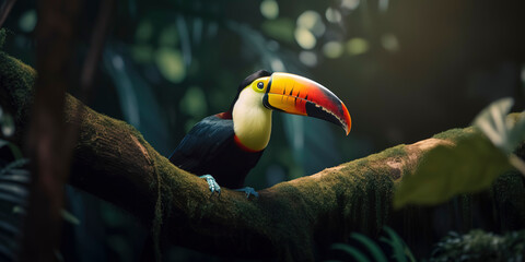 Vibrant photo of a toucan perched in the lush jungle. Generative AI