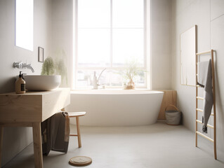 Editorial Style photo High angle Scandinavian Bathroom Bathtub Concrete, Wood Natural Decor White, Light Wood Hay Natural Light Oslo Early Morning Clean, Minimal Nordic Apartment