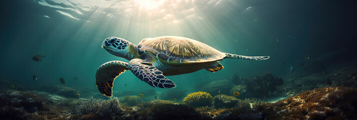 Majestic sea turtle exploring the underwater world in a vivid photo. Generative AI