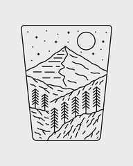 Design of mountain and pines line style graphic nature outdoor illustration vector art t-shirt design