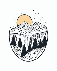 The mountains and river. camping emblem graphics. Perfect for t-shirts, apparel and other merchandise