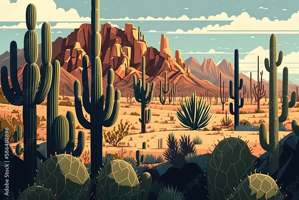 Poster stunning image of a cactus field with distant trees and mountains generative ai