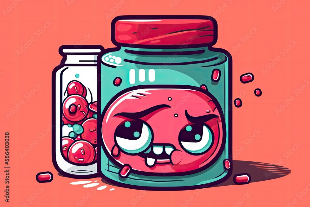 Poster two jars, one with a face and one with candy, on a table or shelf. generative ai