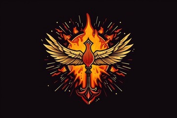 fiery winged cross on a dark background. Generative AI