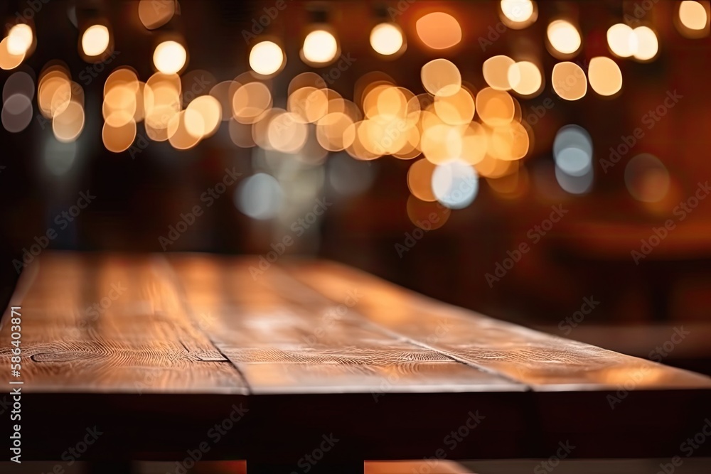 Poster wooden table with bokeh lights in the background. generative ai