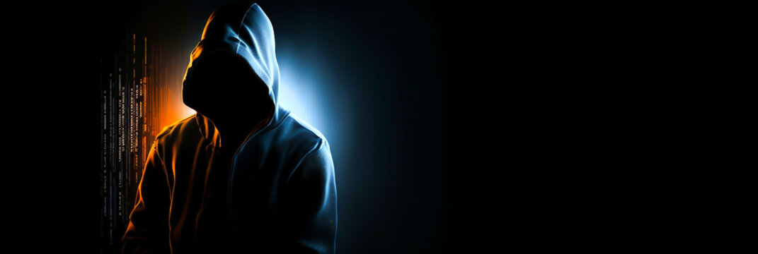 hacker in dark background, horizontal layout banner with copy space, generative ai