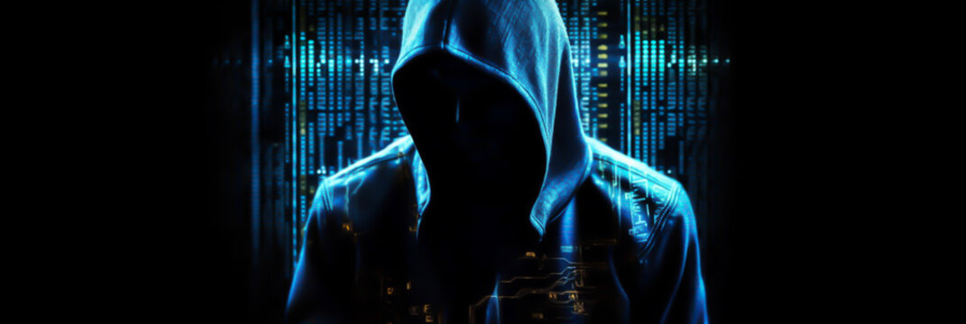 hacker in dark background, horizontal layout banner with copy space, generative ai