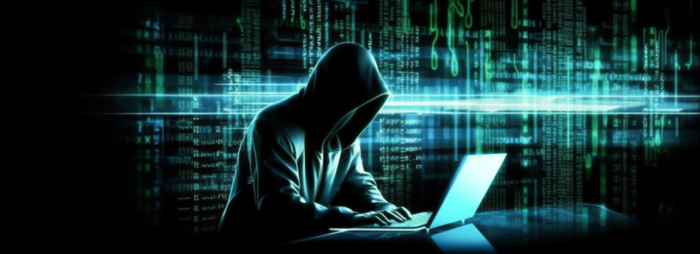 hacker in dark background, horizontal layout banner with copy space, generative ai