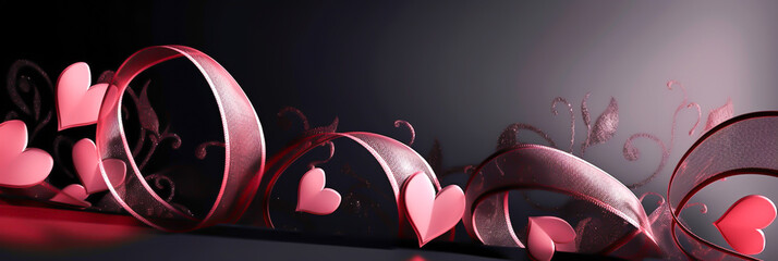 love background, red hearts and petals, horizontal layout banner with copy space, generative ai